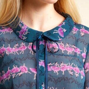 New ModCloth Ballerina Ballet Blue Rounded Flat Tie Collar Top Blouse.